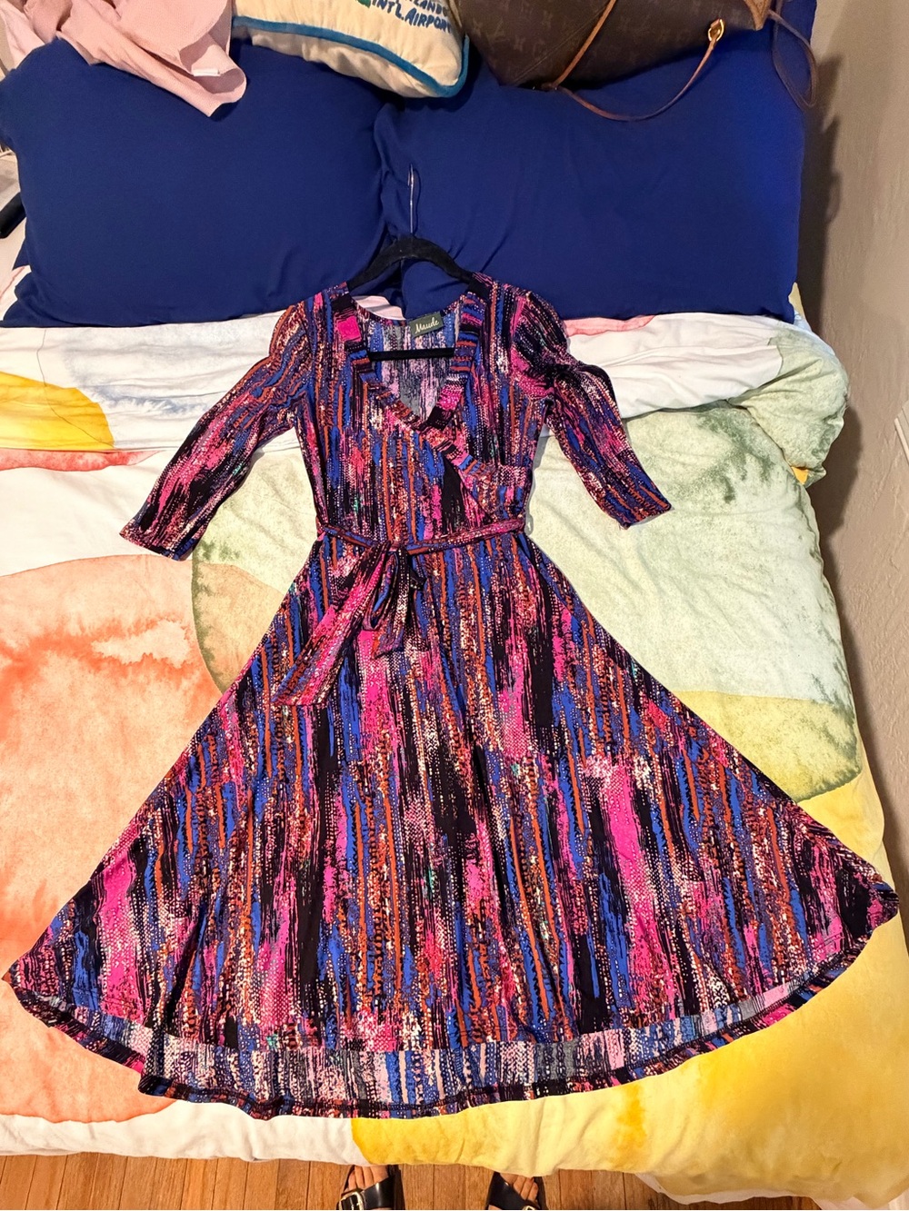 Maude Multicolor Abstract Midi Wrap Dress in Pink, Purple & Blue